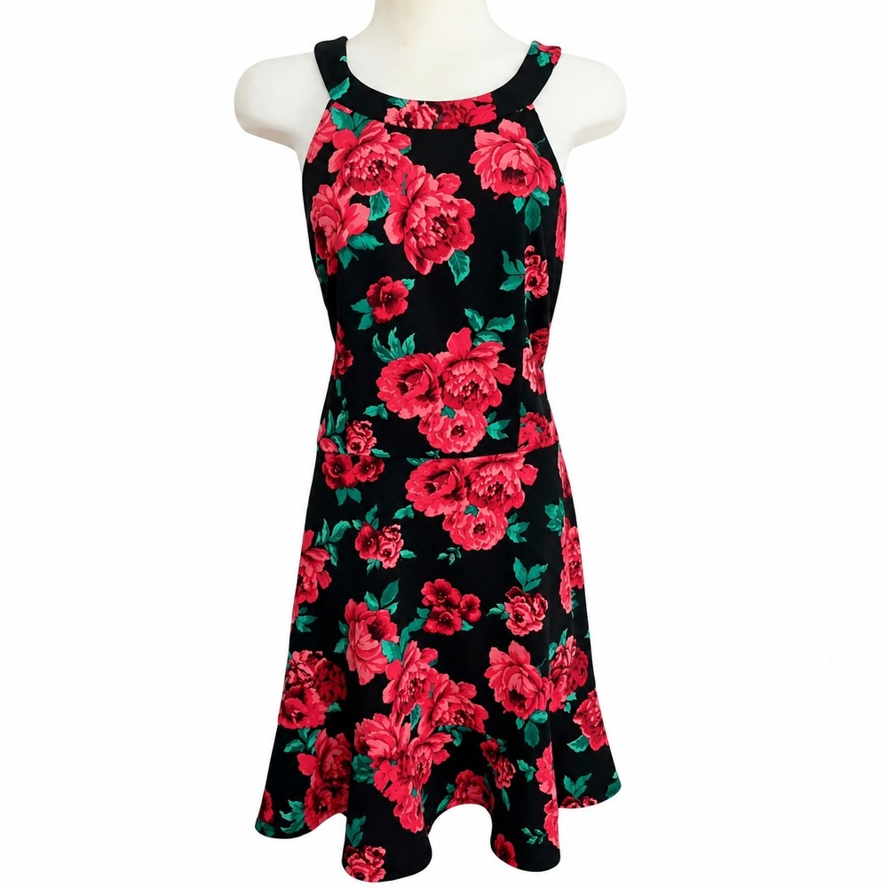 Black Floral Fit & Flare Halter Neck Party Dress Juniors Size 13 Rose Print